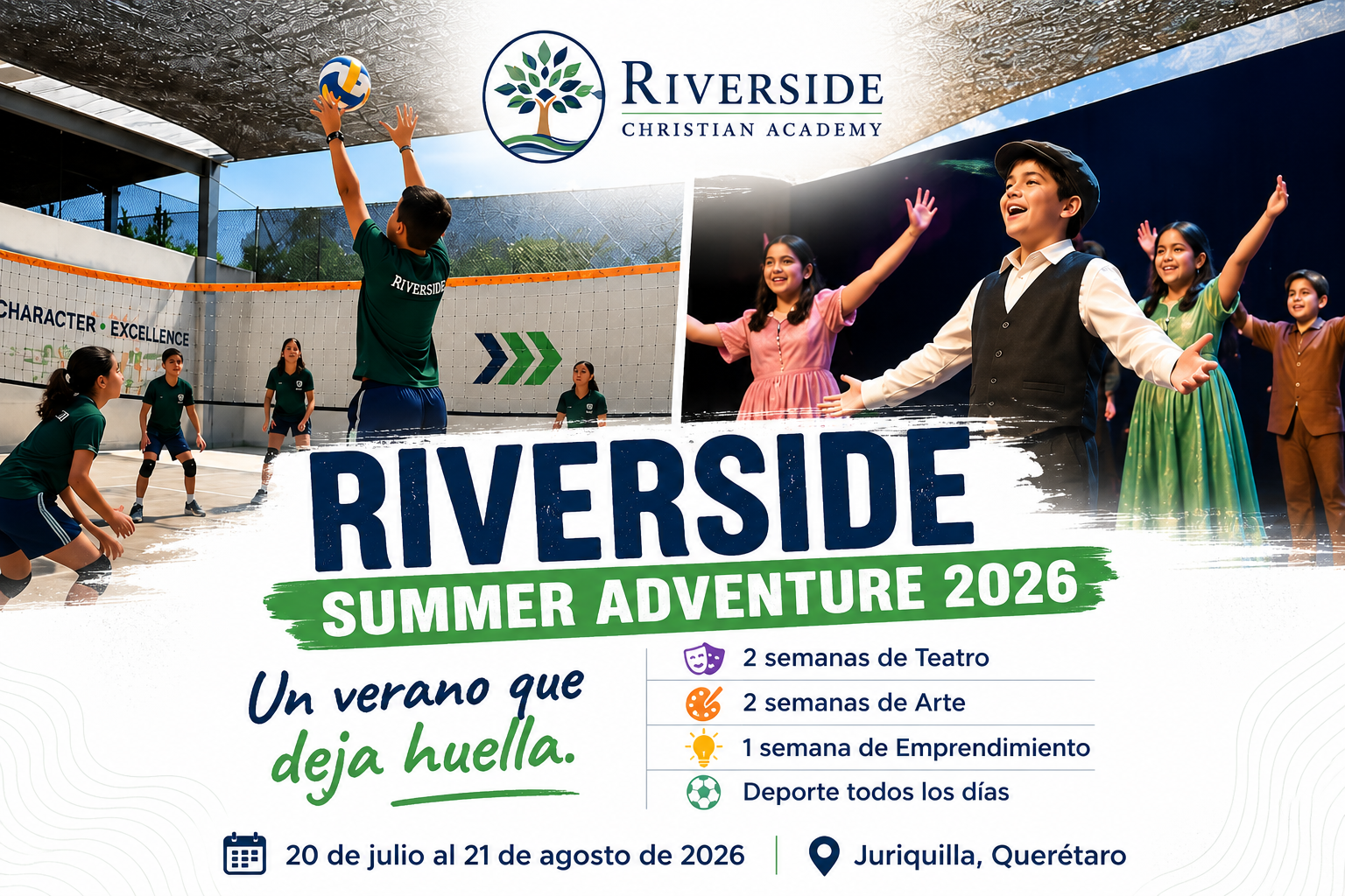 Riverside Summer Adventure 2026 — Un verano que deja huella. Teatro, arte, emprendimiento y deporte. Del 20 de julio al 21 de agosto en Juriquilla, Querétaro.